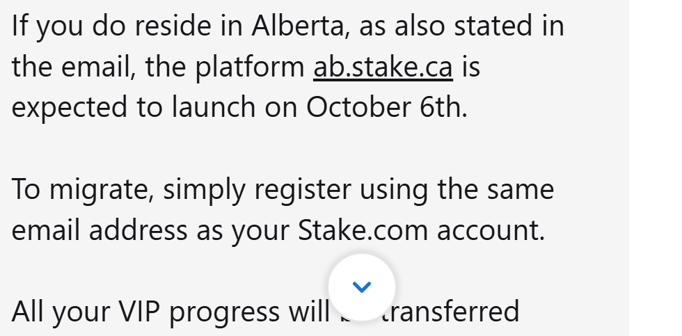 Crop of a Stake.com support chat on 24 September 2026. The agent writes that ab.stake.ca is expected to launch on October 6th, and that migration is a same-email registration. One word in the VIP line is covered.